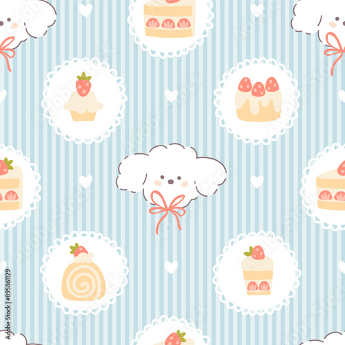 Preppy puppy dog with sweet strawberry desserts frame seamless pattern on vertically striped. Vector cute cartoon hand drawn vintage illustration. baby clothes, wallpaper, packaging, scrubbing.