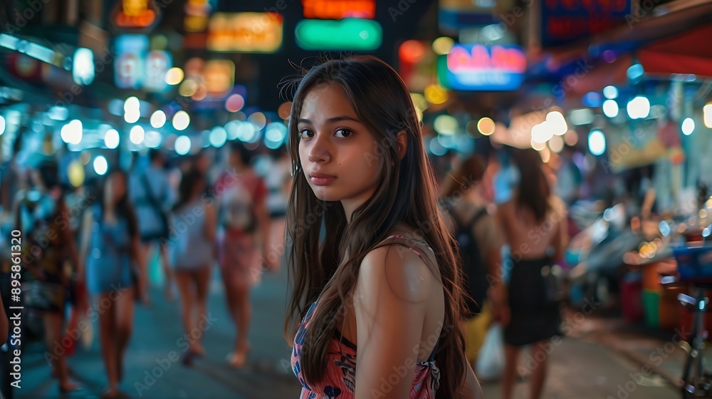 Young Woman in Bustling Night Market Street Scene Young Woman in Bustling Night Market Street Scene