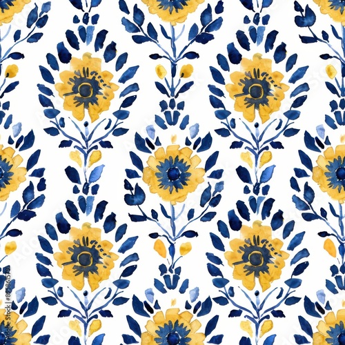 Watercolor cobalt blue and mustard yellow Suzani pattern seamless repeating pattern, minimal pattern, high contrasty 