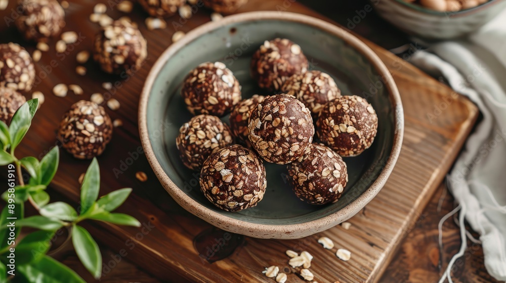 Homemade energy balls made from dates, oats, almond butter, and cacao nibs