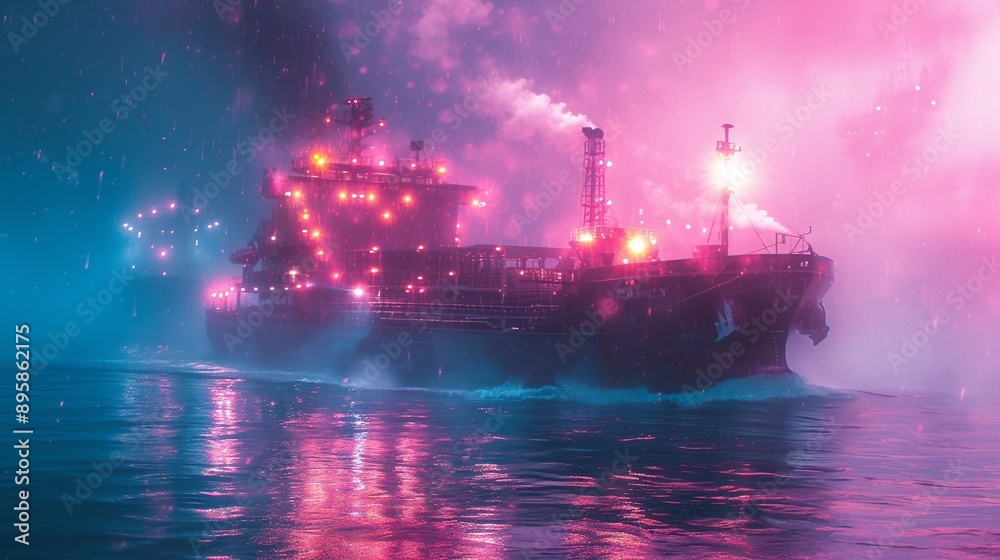 Fototapeta premium Ship Boat in Hologram Wireframe Style. Nice 3D Rendering