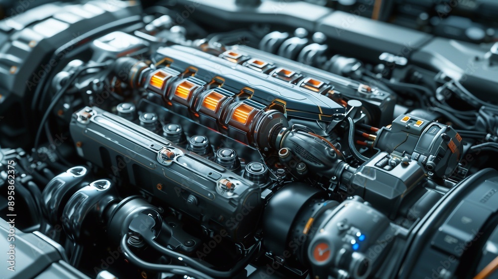 electric system of eco car front engine Automotive part concept electric system of eco car front engine Automotive part concept