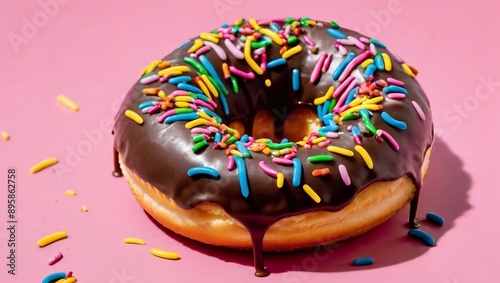 single freshly glazed glossy sheen chocolate frosted donut with colorful sprinkles on top, photograph a vibrant pink background