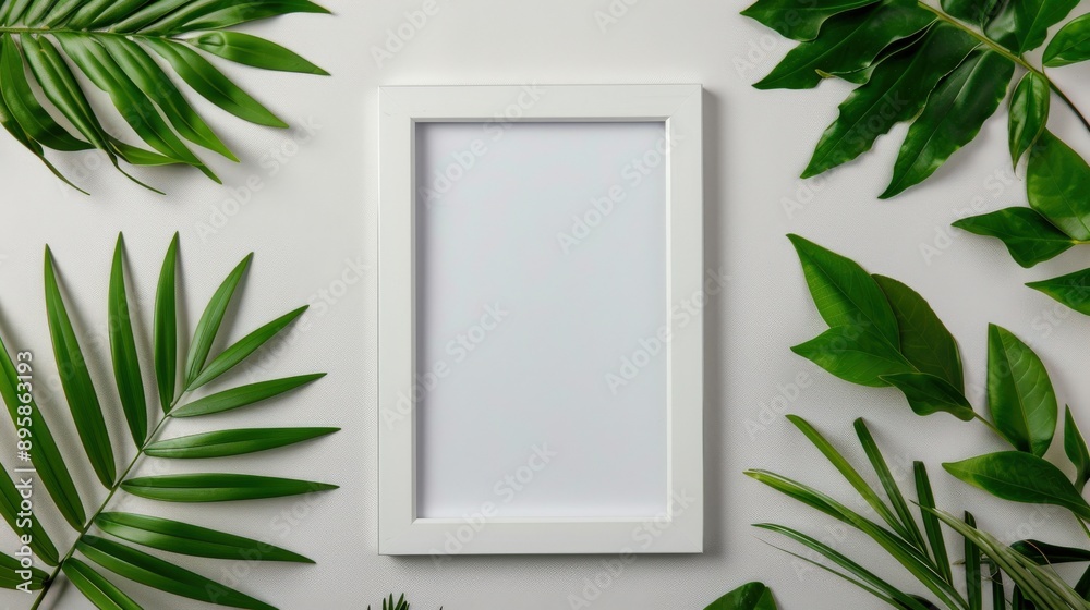 A white frame is placed in front of a bunch of green leaves. The frame is empty, and the leaves are arranged around it. Concept of calmness and serenity, as the empty frame A white frame is placed in front of a bunch of green leaves. The frame is empty, and the leaves are arranged around it. Concept of calmness and serenity, as the empty frame