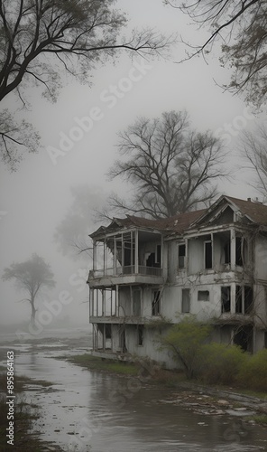 old house, mysterious foggy landscape