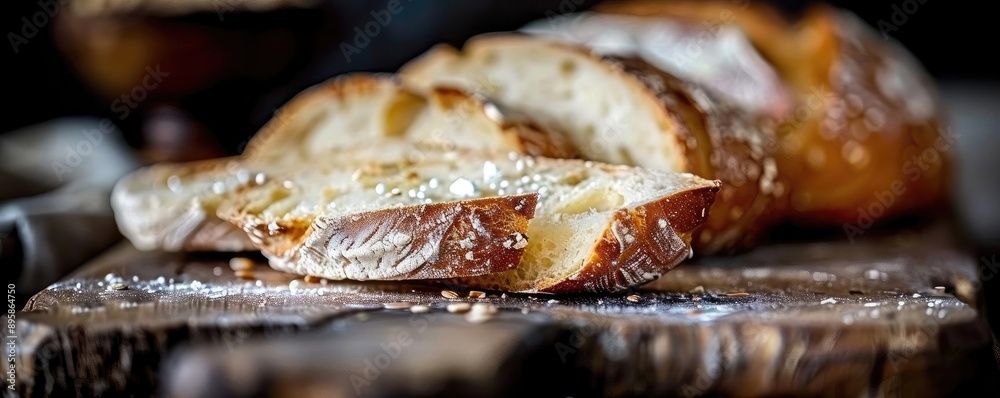 Close-up of freshly sliced artisan bread on a wooden cutting board. The bread looks delicious and is ready to be served. Close-up of freshly sliced artisan bread on a wooden cutting board. The bread looks delicious and is ready to be served.