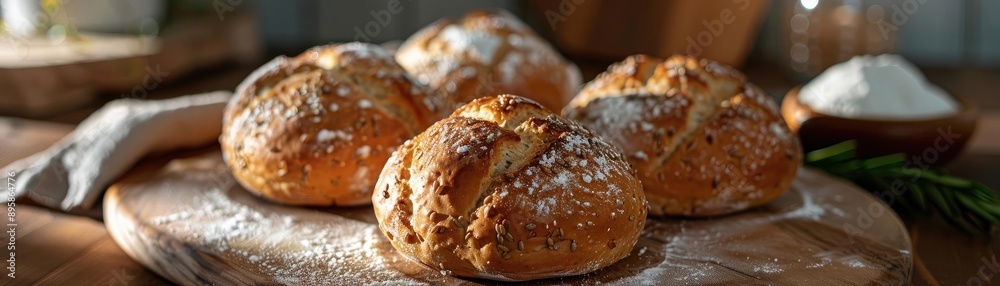 Freshly baked artisan bread rolls sprinkled with flour and placed on a wooden cutting board in a cozy kitchen setting. Freshly baked artisan bread rolls sprinkled with flour and placed on a wooden cutting board in a cozy kitchen setting.
