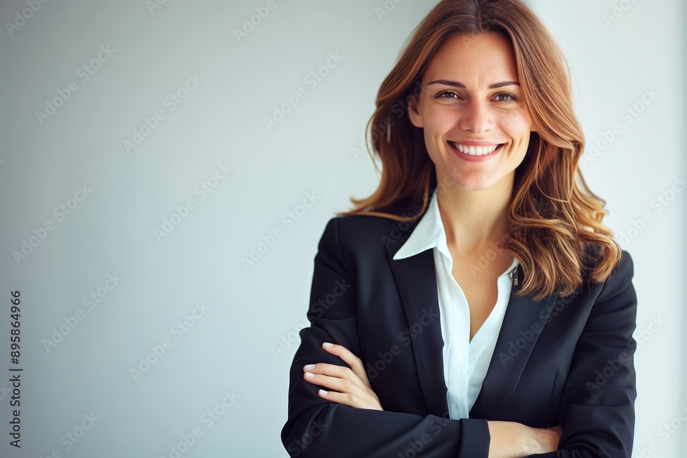 Portrait of a smiling corporate woman with arms crossed on a plain background. Portrait of a smiling corporate woman with arms crossed on a plain background.