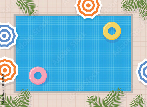 Background frame border illustration of summer season concept. Colorful background of swimming pool with tubes, parasols and palm trees.