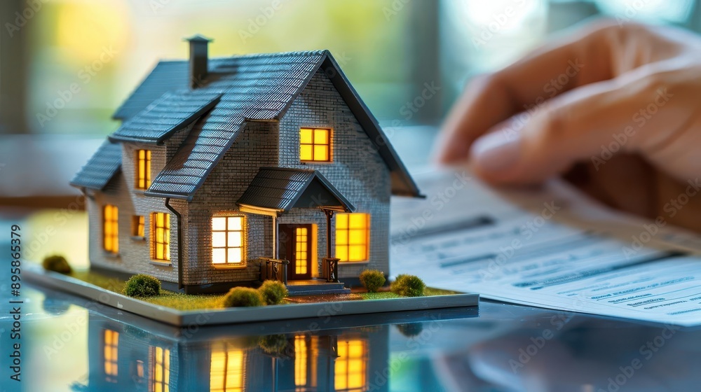 Brokers hand with a miniature house and mortgage document, closeup, photorealistic Brokers hand with a miniature house and mortgage document, closeup, photorealistic