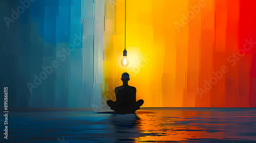 A silhouette of a person sitting in a meditative pose under a single hanging light bulb, set against a vibrant background of blue, yellow, and red hues. photo