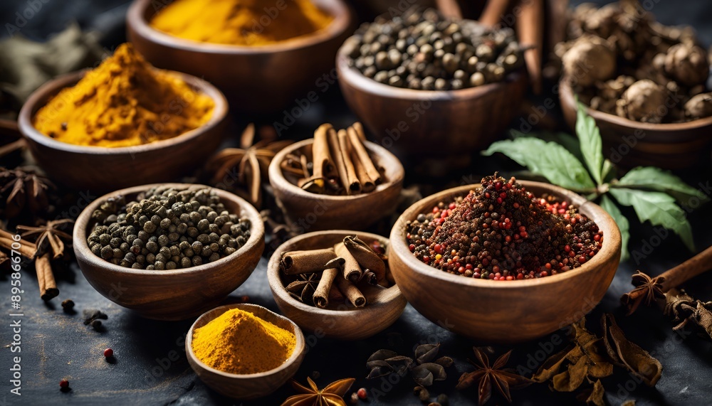composition on a dark background with turmeric, cinnamon, black pepper, dried mint and cloves composition on a dark background with turmeric, cinnamon, black pepper, dried mint and cloves