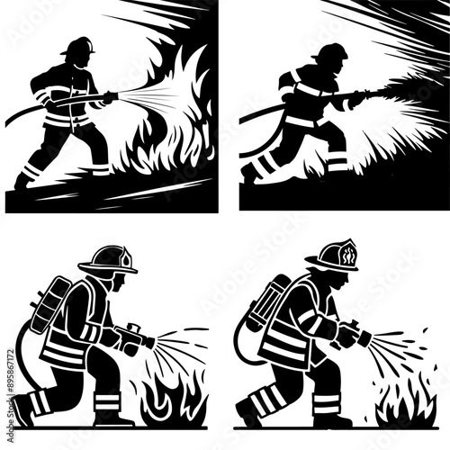 A fireman in a suit puts out a fire with a water hose. Vector monochrome flat professional silhouette 