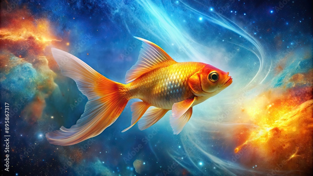 Fototapeta premium Goldfish swimming in a vibrant cosmic water , goldfish, cosmic, water, swimming, space, universe, underwater