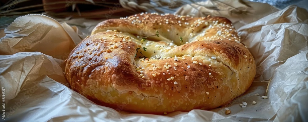 Freshly baked bread with a golden crust and sesame seeds on parchment paper, ideal for bakeries and food photography. Freshly baked bread with a golden crust and sesame seeds on parchment paper, ideal for bakeries and food photography.