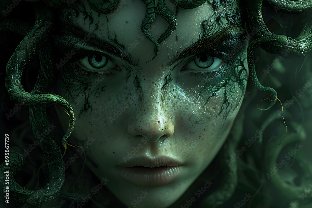 An artistic depiction of Medusa, characterized by her serpentine hair, fierce expression, and petrifying gaze An artistic depiction of Medusa, characterized by her serpentine hair, fierce expression, and petrifying gaze