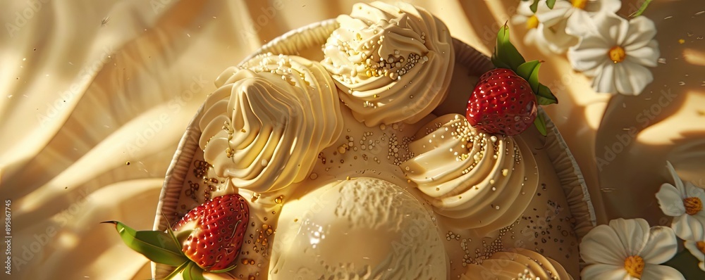 A mouth-watering dessert featuring scoops of creamy ice cream, fresh strawberries, and delicate meringue on a sunny background. A mouth-watering dessert featuring scoops of creamy ice cream, fresh strawberries, and delicate meringue on a sunny background.
