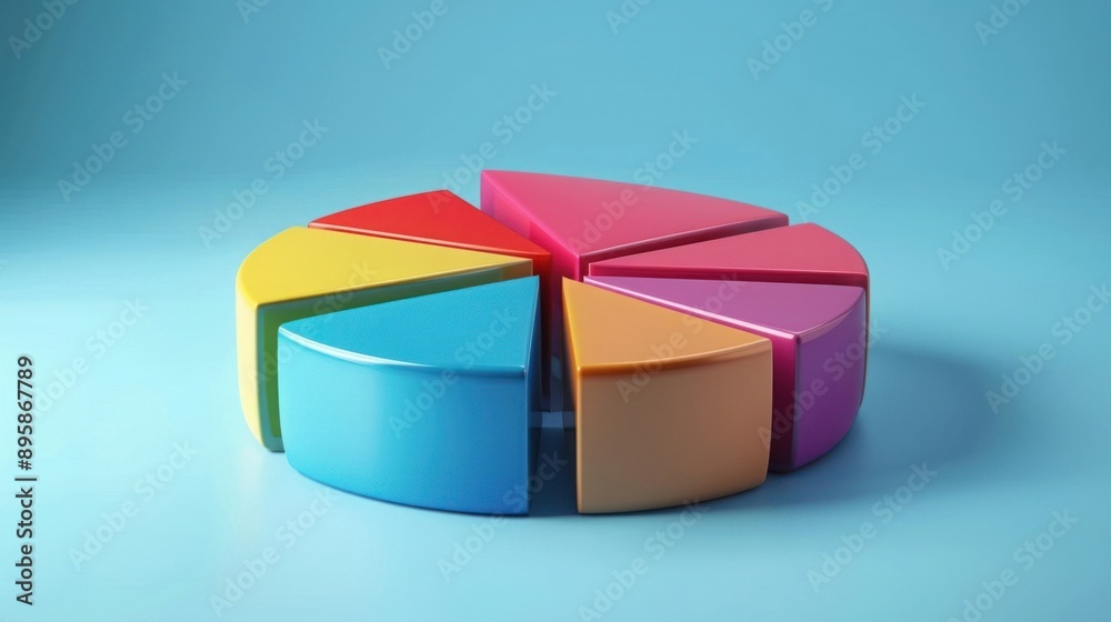 Obraz premium A colorful 3D pie chart with various segments, isolated on a blue background, symbolizing data visualization and analysis in business and statistics.