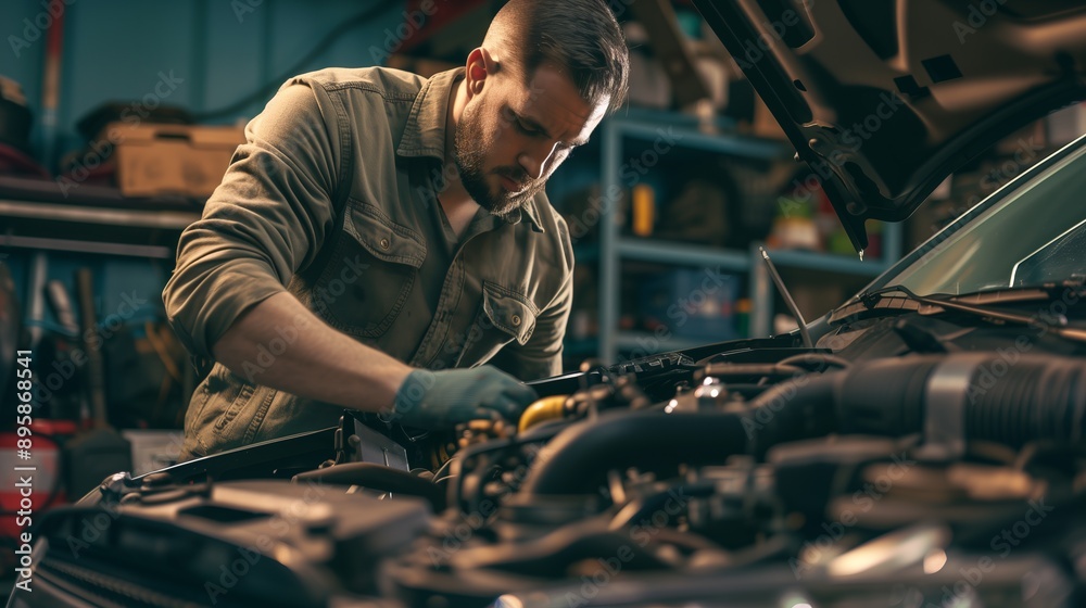 Man in his garage, working on his car's engine with the hood open. Man in his garage, working on his car's engine with the hood open.