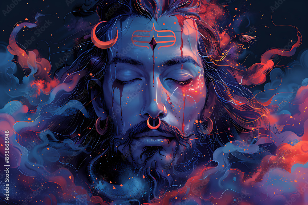 Shiva, a prominent deity in Hinduism, depicted with a crescent moon on his head, and a snake coiled around his neck Shiva, a prominent deity in Hinduism, depicted with a crescent moon on his head, and a snake coiled around his neck