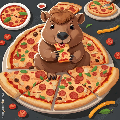 Cute cartoon capybara with pizza	
