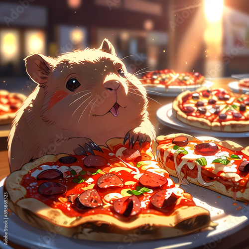 Cute cartoon capybara with pizza	
