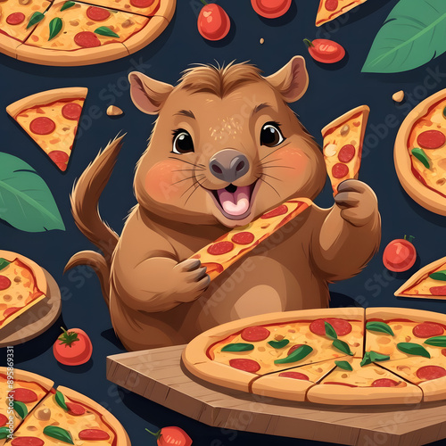 Cute cartoon capybara with pizza	
