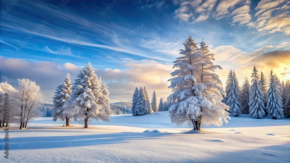 Fototapeta premium Snow-covered trees in a serene winter landscape, winter, landscape, snow, trees, cold, peaceful, scenic, frosty, chilly, white