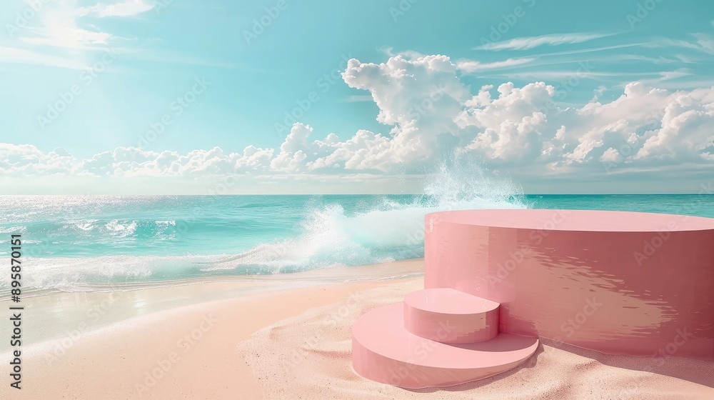 Beach podium summer background sand product 3D sea display platform. Beach podium summer banner stand scene sale sky holiday water island sun travel pedestal promotion presentation ad. Generative Ai Beach podium summer background sand product 3D sea display platform. Beach podium summer banner stand scene sale sky holiday water island sun travel pedestal promotion presentation ad. Generative Ai
