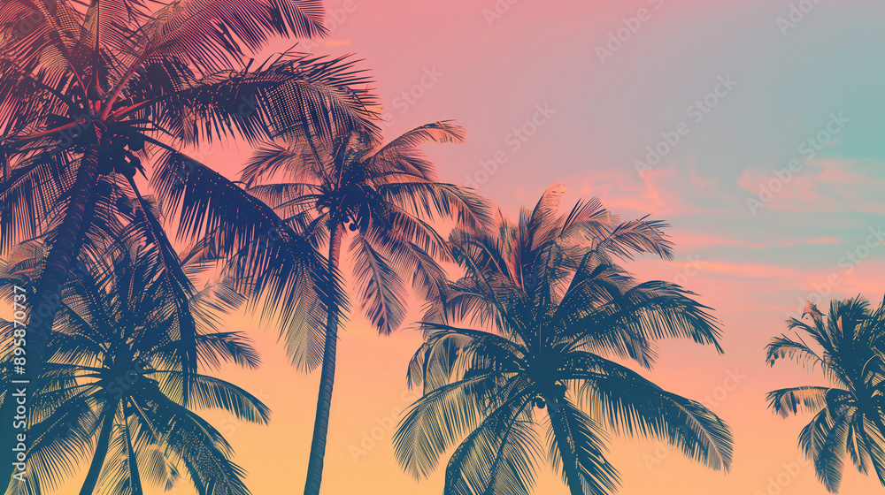 Fototapeta premium palm tree background, palm tree silhouette, sunset background, summer vacation, palm tree branches, holiday