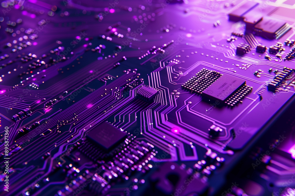 Close-up of a vibrant purple electronic circuit board showcasing intricate pathways and microchips. This professional stock photo emphasizes computer motherboard hardware and advan Close-up of a vibrant purple electronic circuit board showcasing intricate pathways and microchips. This professional stock photo emphasizes computer motherboard hardware and advan