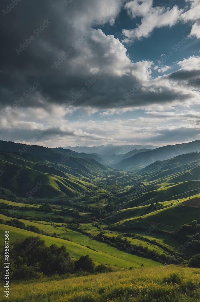 Obraz premium valley under the cloudy sky background design with copy space