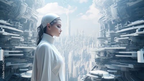 Photograph of a visionary female architect standing amidst a futuristic cityscape, her eyes filled with the possibilities of tomorrow's architecture.