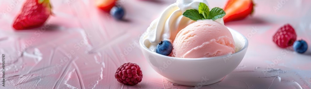 Refreshing bowl of strawberry and vanilla ice cream garnished with fresh berries and mint on a pink textured background. Refreshing bowl of strawberry and vanilla ice cream garnished with fresh berries and mint on a pink textured background.