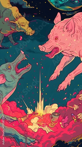 Intergalactic Clash Canine and Porcine Combatants Battling Alien Invaders in Surreal Cosmic Landscape inspired by Scandinavian Folk Art Style