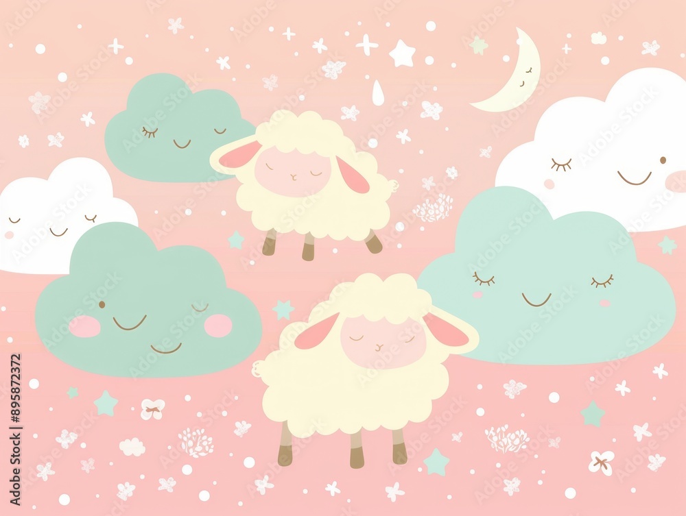 Kawaii sheep, cloud motifs and soft tones, flat design illustration Kawaii sheep, cloud motifs and soft tones, flat design illustration