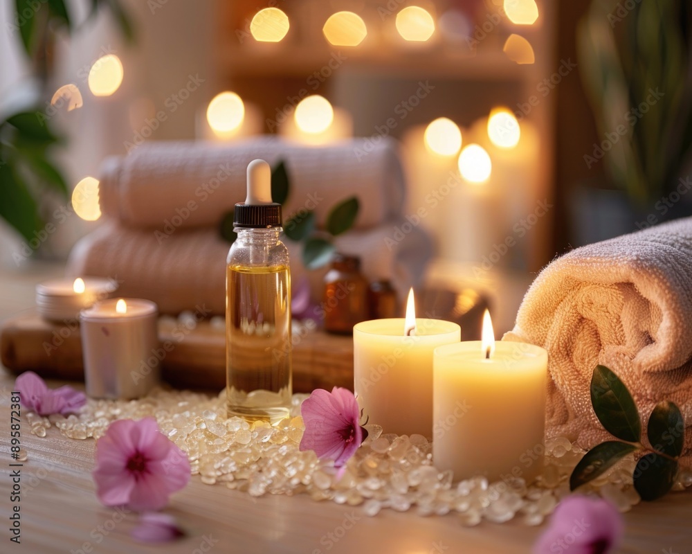 Tranquil Spa Haven with Candles, Aromatherapy Oils, and Massage Table for Ultimate Relaxation Experience