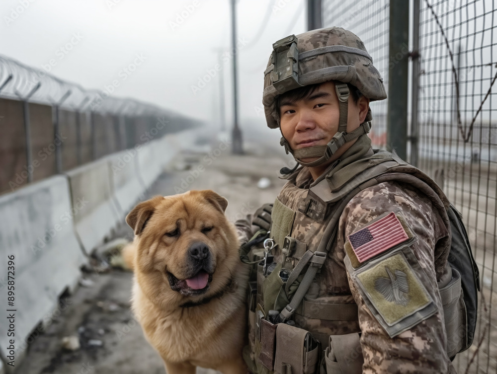A soldier is standing next to a dog with a flag on his back. The soldier is wearing a helmet and a camouflage uniform