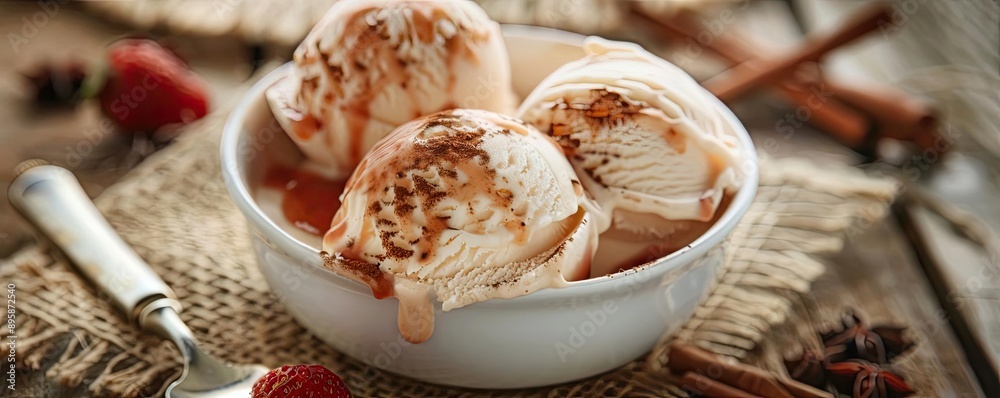 Delicious dessert featuring vanilla ice cream scoops drizzled with syrup, perfect for a sweet treat or a refreshing summer snack. Delicious dessert featuring vanilla ice cream scoops drizzled with syrup, perfect for a sweet treat or a refreshing summer snack.