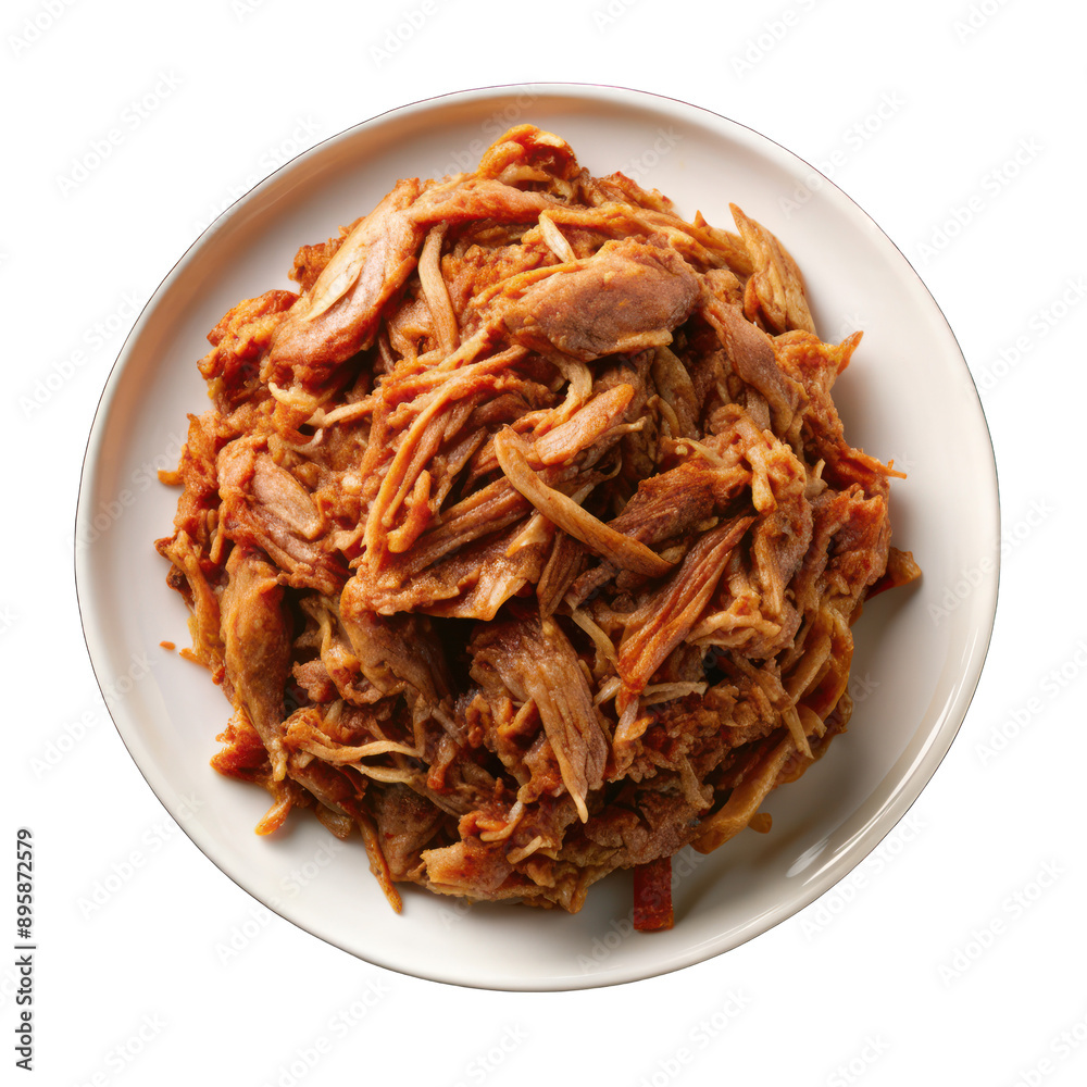 Bbq pulled pork meat on white plate top view isolated on transparent background Bbq pulled pork meat on white plate top view isolated on transparent background