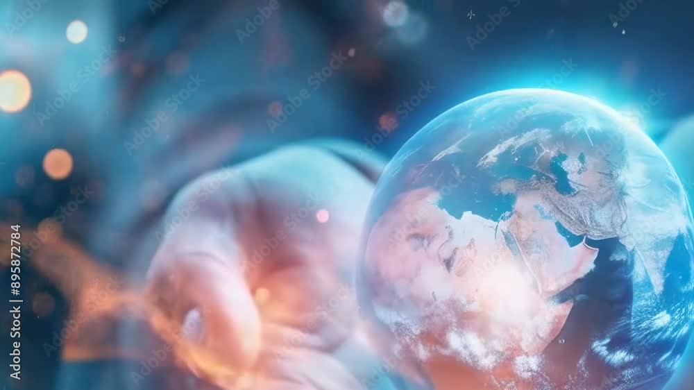 A close-up of a hand holding a small glowing Earth, surrounded by digital light effects. The scene appears to be at night, giving a mystical and futuristic mood. The hand and Earth symbolize global