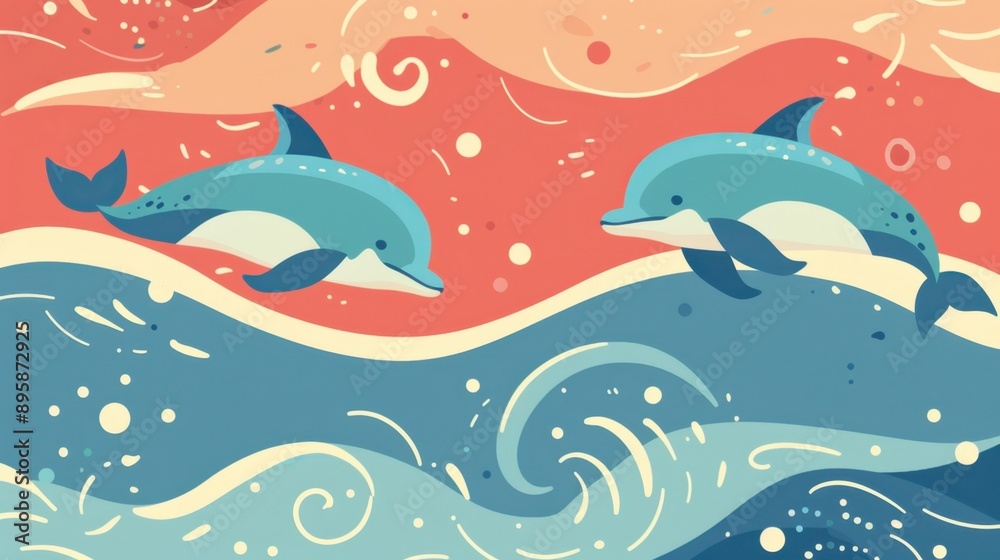 Obraz premium Cute dolphins, wave patterns and refreshing colors, flat design illustration