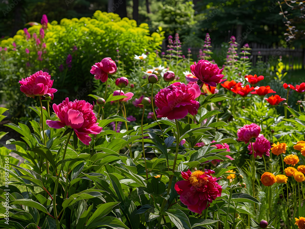 Peony garden with background illustration Peony garden with background illustration