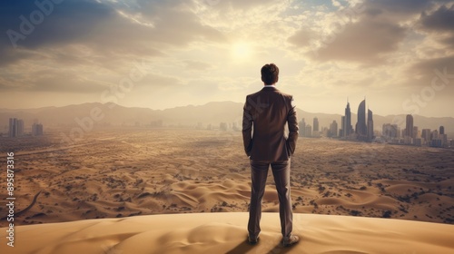 Photograph of a young, handsome businessman in a sharp suit standing on a sand dune, overlooking a futuristic skyscraper rising from the desert sands.