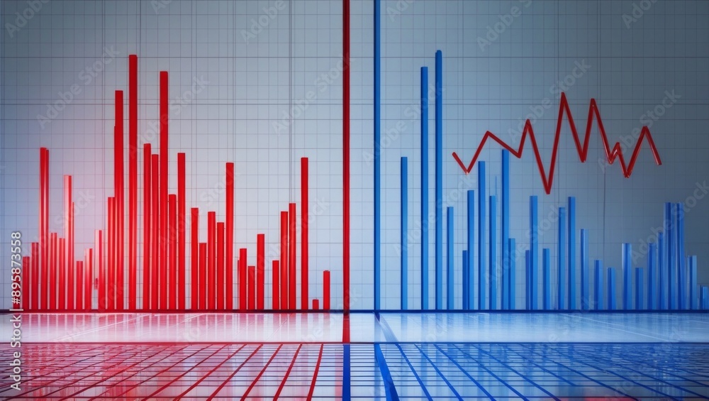 Fototapeta premium Red and blue graph lines in the dynamics of rises and falls, data and analysis of performance, return on investment