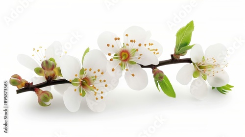 A white flower with green leaves is on a white background. The flower is the main focus of the image, and the green leaves add a touch of color and contrast photo