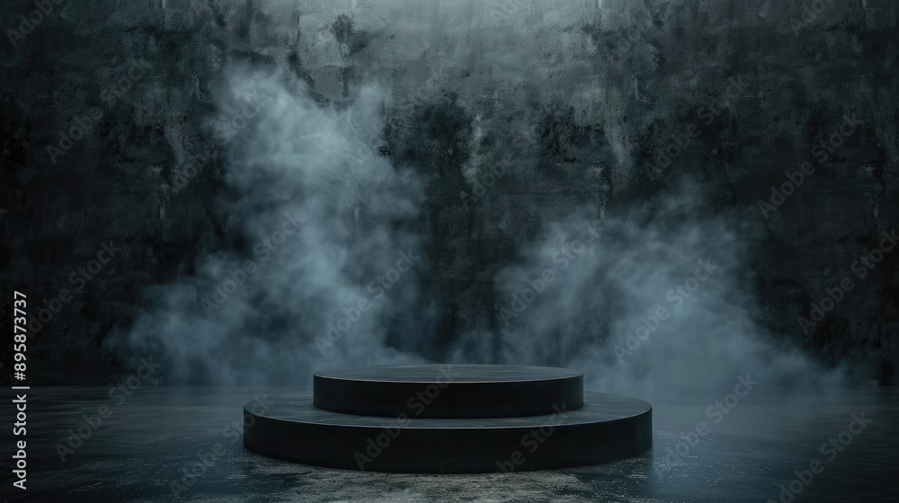Fototapeta premium Black podium on a smoky, foggy stage with a dark concrete backdrop, perfect for creating a dramatic, empty night room scene