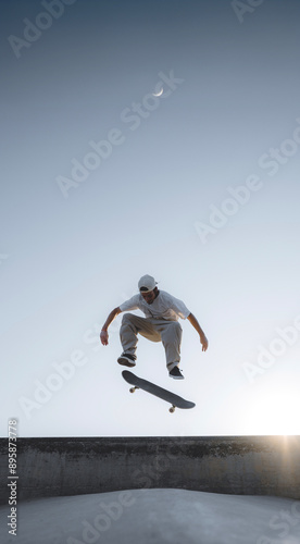 фотографія Skater doing kickflip on the ramp at skate park - Stylish skaterboy training out
