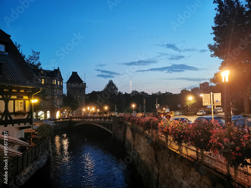 Stadt Esslingen am Schelztorturm bei Nacht photo