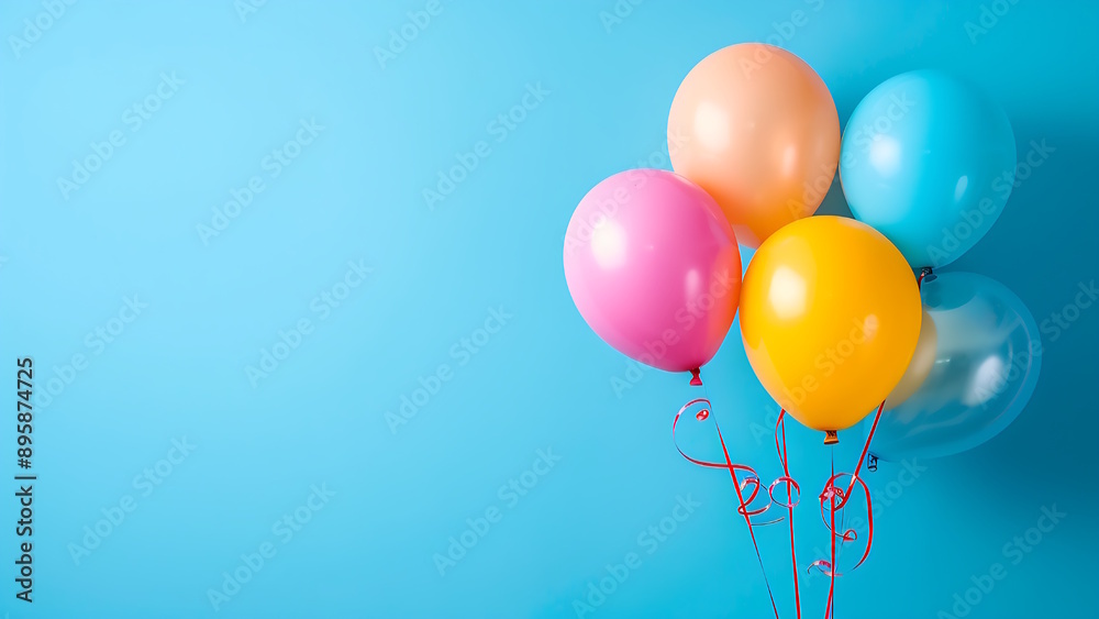 five balloons of different colors on a blue background. Space for text five balloons of different colors on a blue background. Space for text